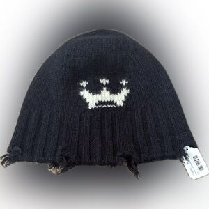 Brazeau tricot women’s 100% cashmere crown knit distressed hem beanie hat new